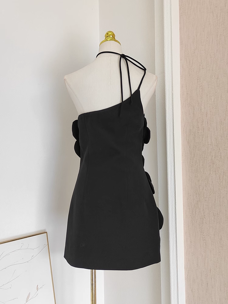 Cute A line Halter Black Flowers Vacation Dress Short Birthday Dresses