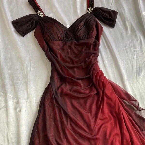 Charming Ombre Red Chiffon A Line Prom Dress Off The Shoulder Evening Dress