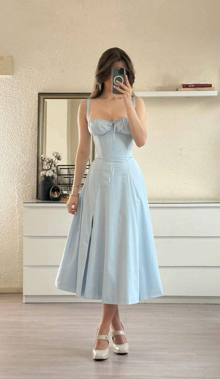 Sweet Blue Sweetheart Neckline A Line Satin Slit Evening Dress Elegant Prom Dress Party Gown