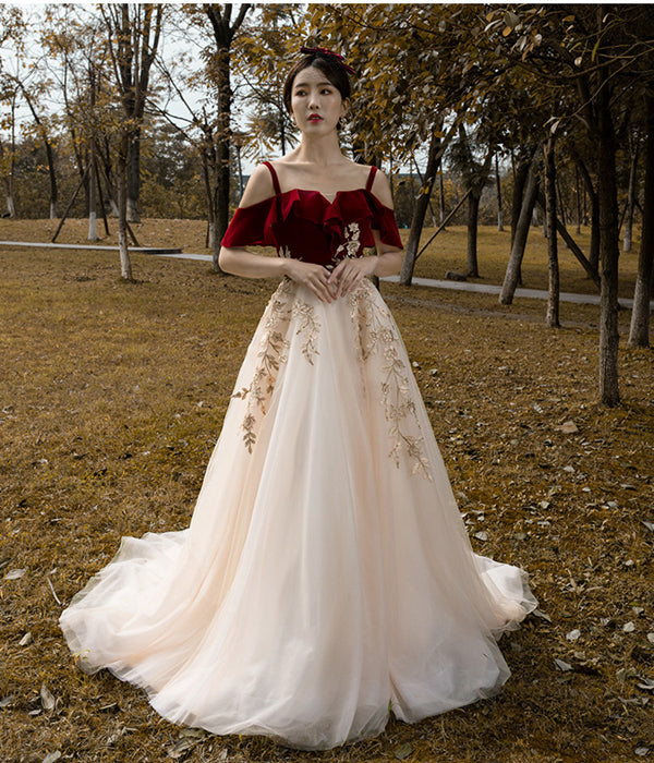 Vintage Red Straps Tulle Formal Dress, Elegant Applique Prom Dress
