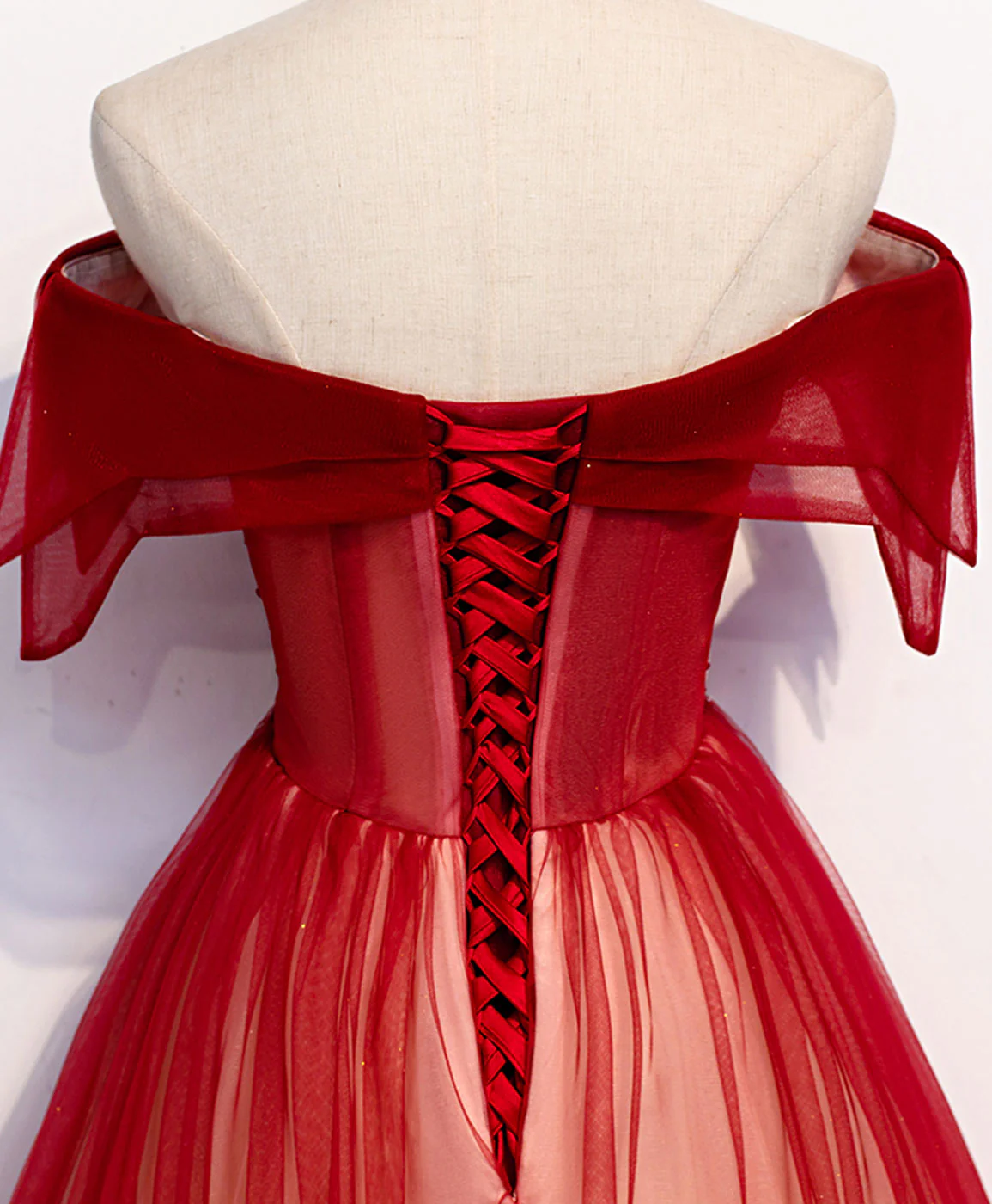 Burgundy Off Shoulder Tulle Long Prom Dress, Burgundy Formal Dress