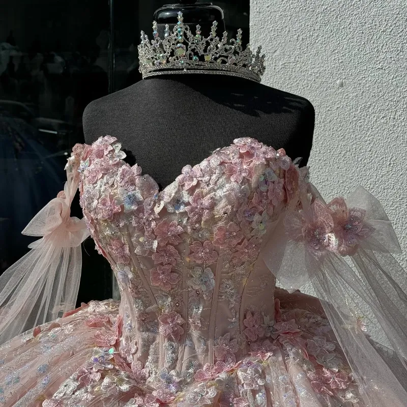 Light Pink Quinceanera Dress Off-Shoulder Lace Appliques Ball Gown