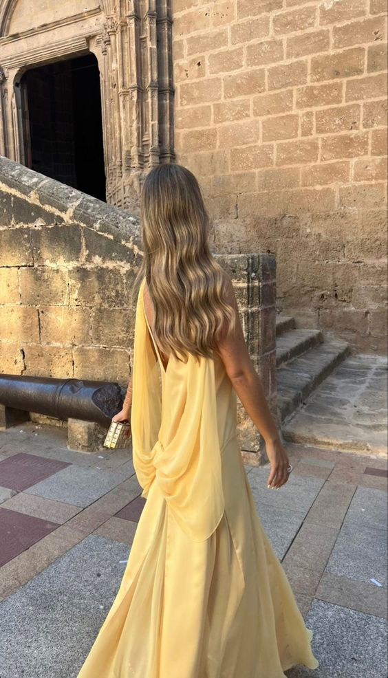 Yellow Satin Evening Dress for Formal Occasions, V-neck A-line Spaghetti Strap Floor Length Elegant Prom Dress
