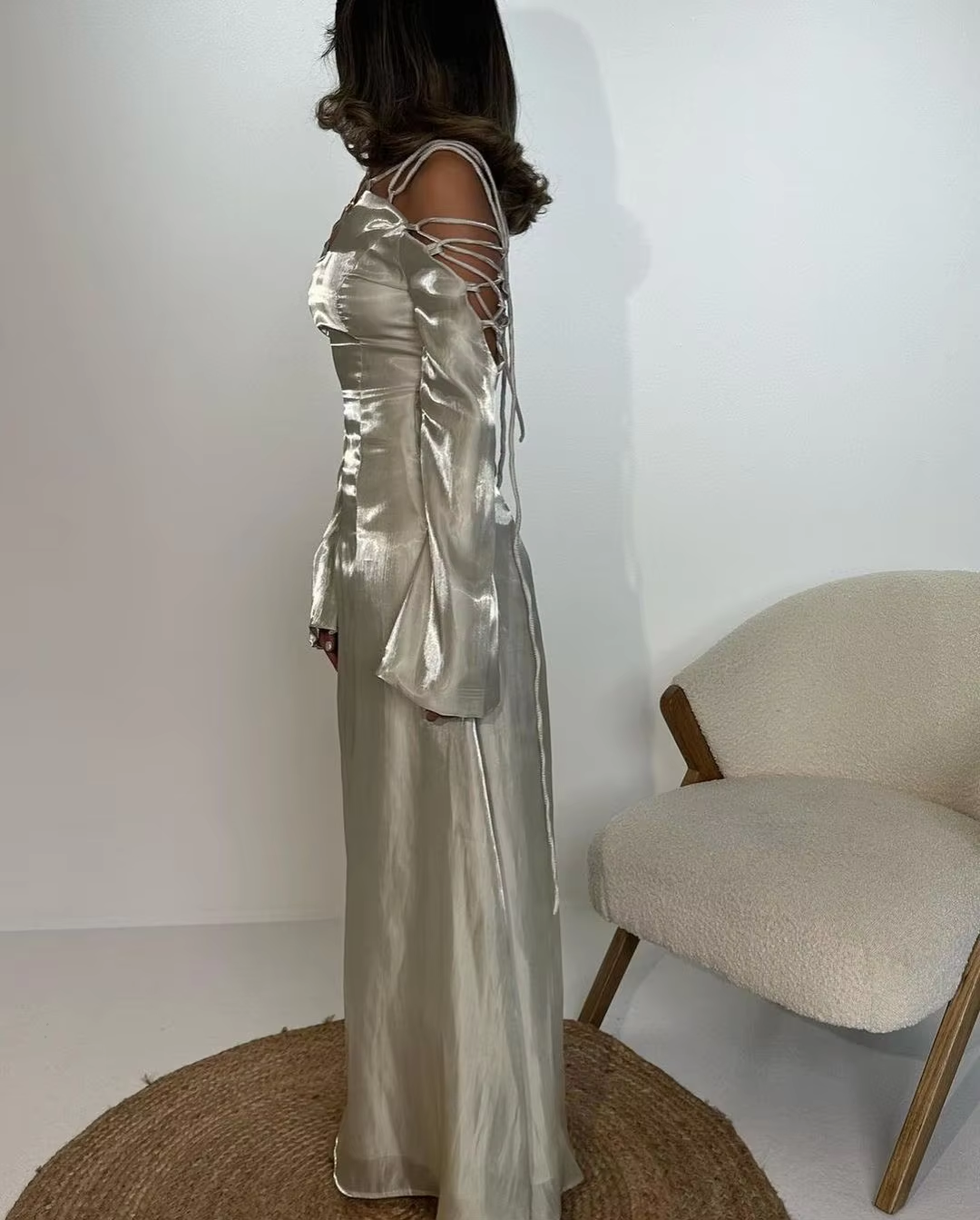 Silver Grey Prom Dress, Modern Girl Lace Up Flare Sleeves V Neck Elegant Evening Dress