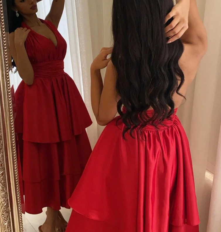 Elegant Short Satin Halter Evening Dresses Muslim Backless A-Line Red Dress Formal Dress Pleated Tea Length Gowns