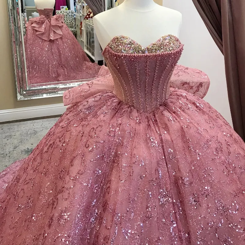Pink Sequined Ball Gown Quinceanera Off The Shoulder Corset Lace Beads Crystal Sweet 16 Dress