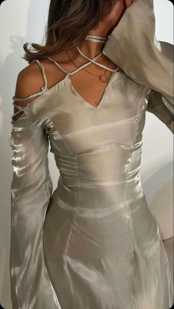 Silver Grey Prom Dress, Modern Girl Lace Up Flare Sleeves V Neck Elegant Evening Dress
