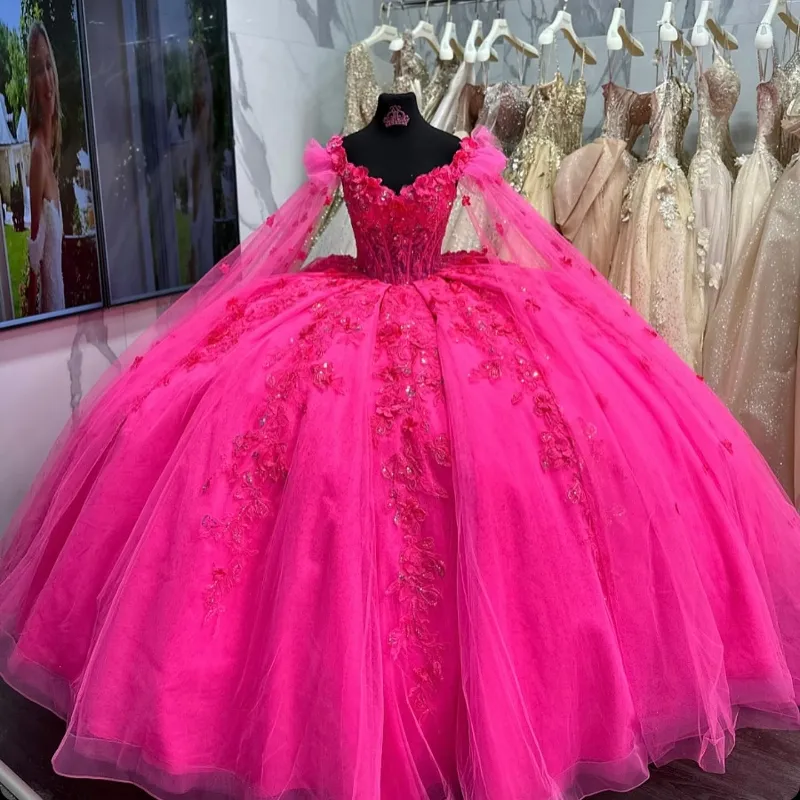 Quinceañera Off-Shoulder Lace Appliques Tulle Ball Gown Dress with Cape for Sweet 16 Birthday