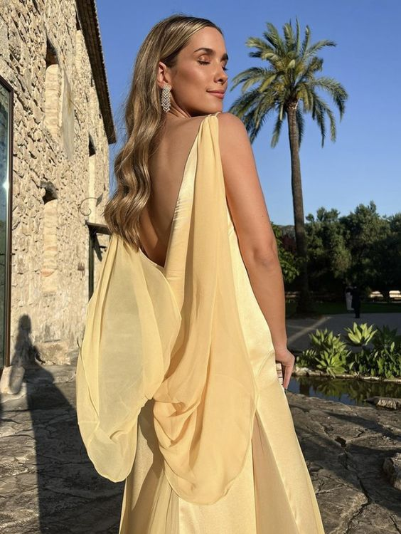 Yellow Satin Evening Dress for Formal Occasions, V-neck A-line Spaghetti Strap Floor Length Elegant Prom Dress
