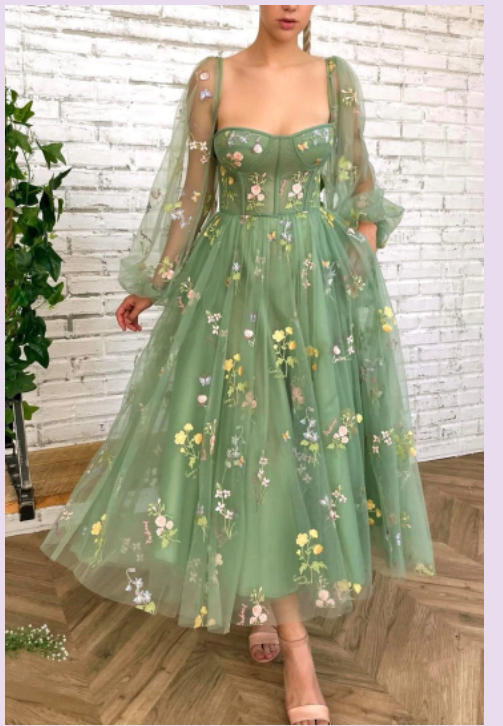 Green tulle lace short prom dress evening dress