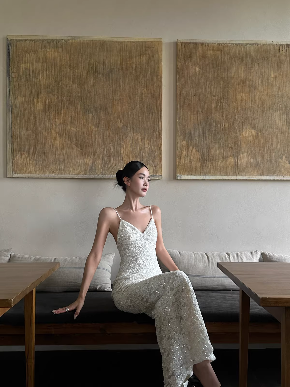 Pretty Spaghetti Straps V Neck Off White Lace Sequin Mermaid Long Evening Dress Formal Wedding Guest Dress