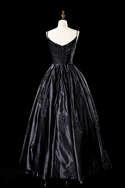 Chic Black Satin Long Prom Dress A Line Party Evening Gown