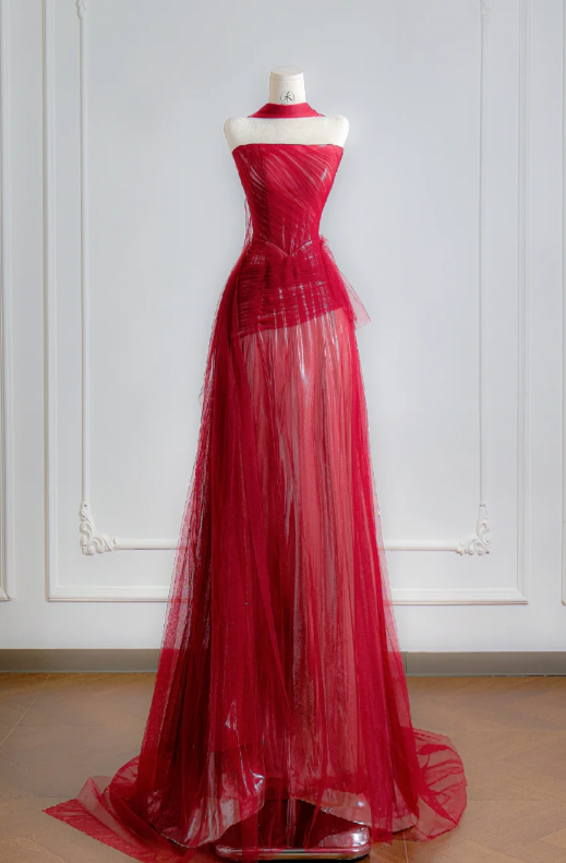 Strapless Red A Line Prom Dress Tulle Birthday Outfit Evening Dress
