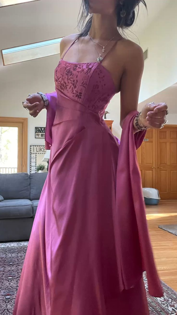 Spaghetti Straps Pink Long A Line Beaded Evening Dress Formal Prom Gown
