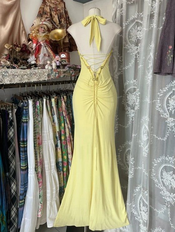 Elegant Yellow Halter Satin Beaded Sequins Evening Dress,Long Mermaid Party Prom Dress