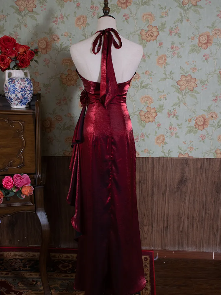 Vintage Burgundy Floral Long Prom Dress Halter Party Evening Gown