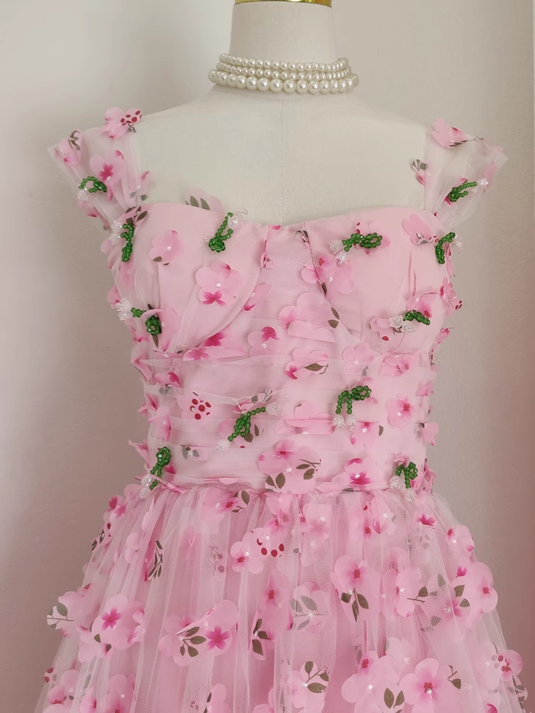 Chic A Line Straps Pink Floral Tulle Lace Prom Dresses Birthday Outfits