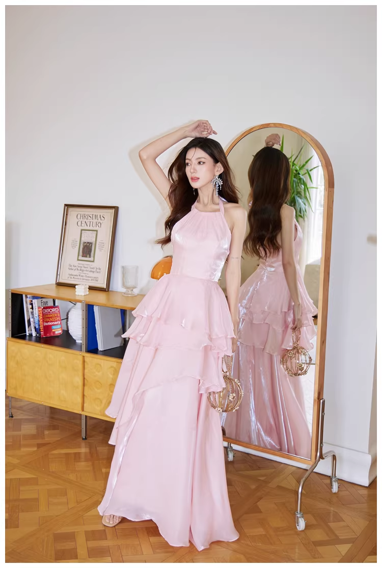 Classy Halter Pink Satin Ruffles Long Birthday Party Dress Evening Dress