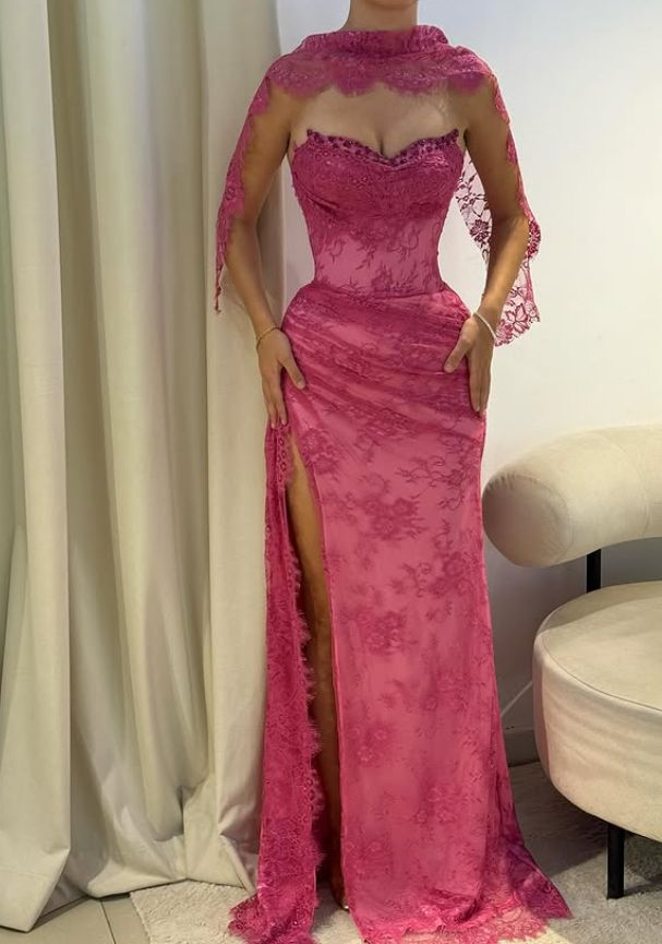 Pink Lace Prom Dress Sweetheart Neck Evening Dress With Slit