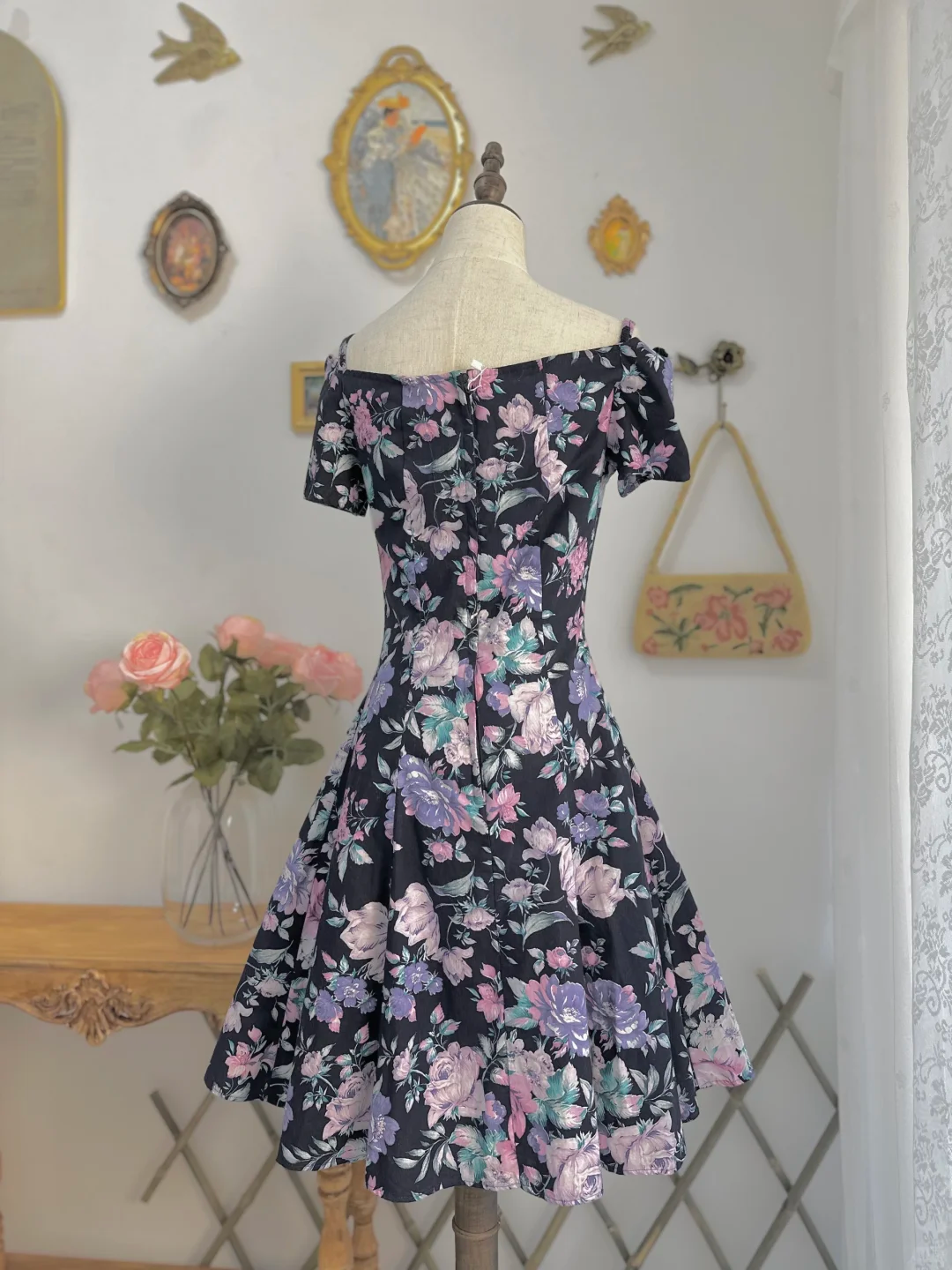 Vintage Satin Print Floral A Line Off The Shoulder Homecoming Dress Short Prom Dress