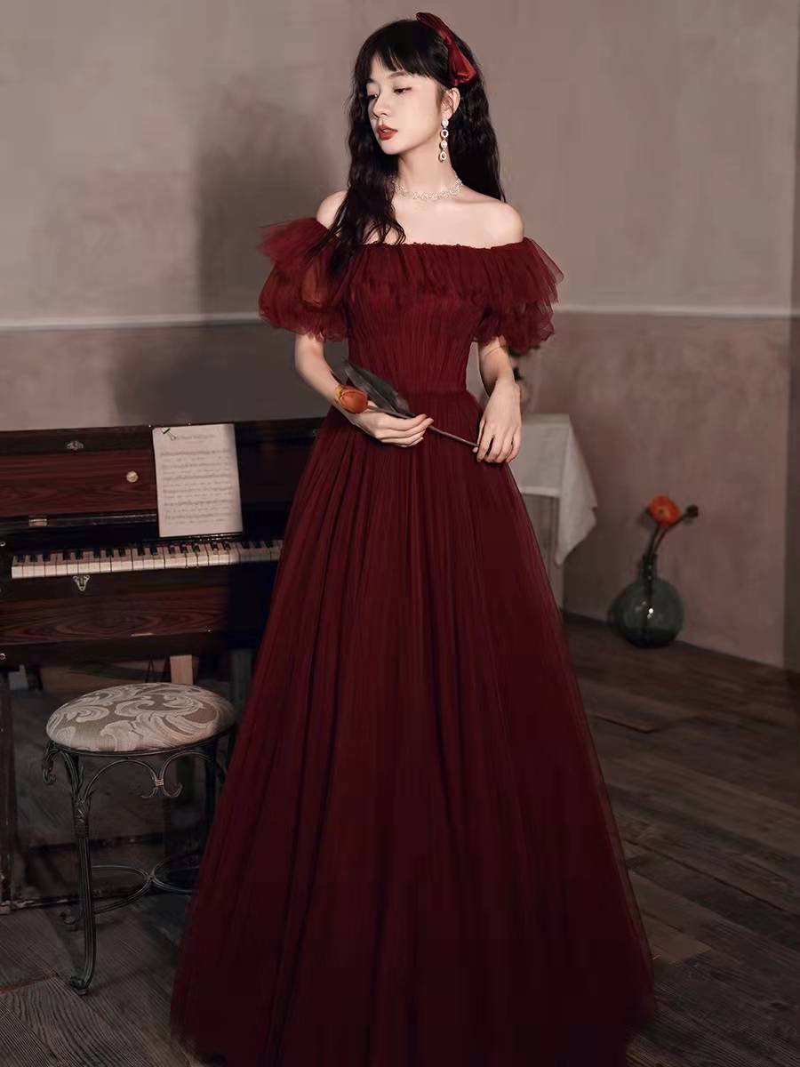 Burgundy tulle long prom gown formal dress