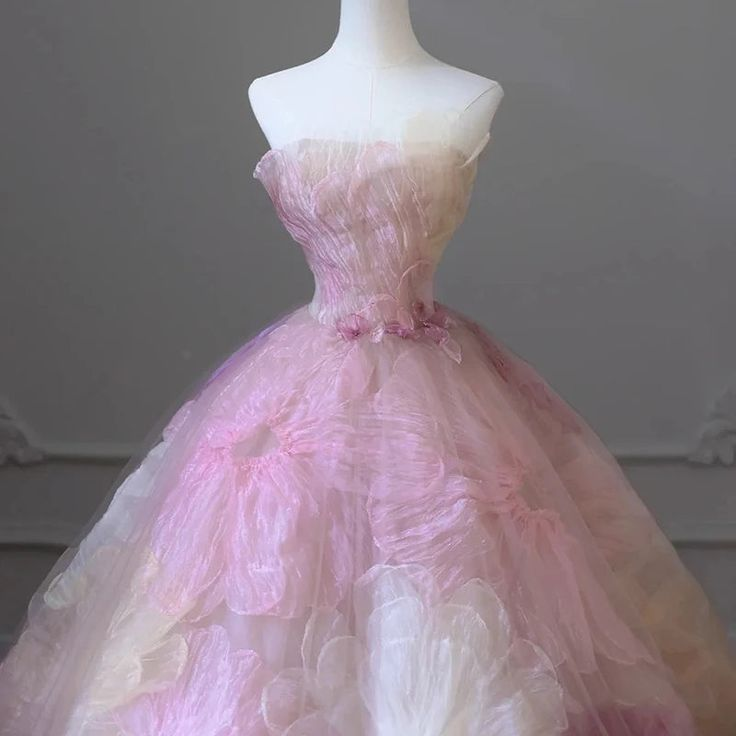 Fairy Pink 3D Appliques Flower Formal Ball Gown Elegant Strapless Sweet 16 Dress