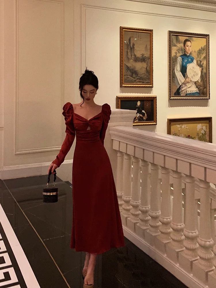 Sexy A line Long Sleeves Red Satin Prom Dresses Birthday Outfits