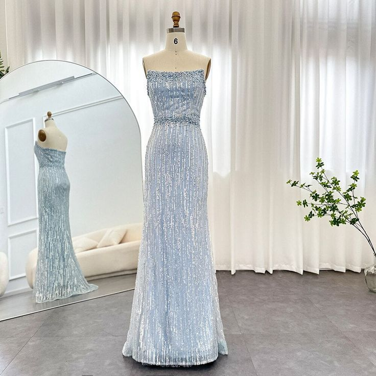Light Blue Pearls Luxury Dubai Evening Dresses Elegant Strapless Formal Prom Gowns