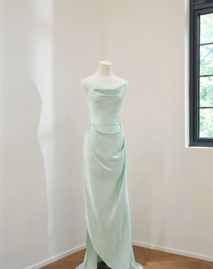 Classy Green Satin Mermaid Long Wedding Guest Dress Formal Bridesmaid Dress