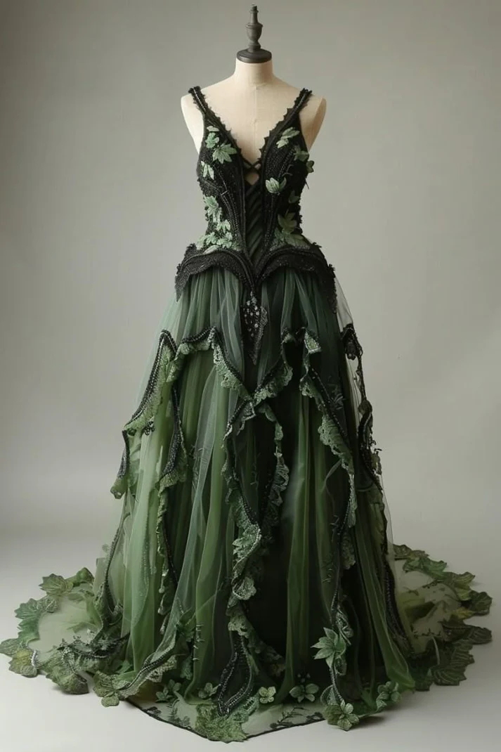V-neck Tulle Applique Long Prom Dress Vintage Lace Formal Evening Dress