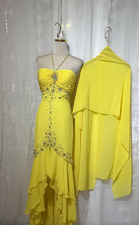 Stunning Yellow Halter Neck Sheath Chiffon Beaded Hi-Lo Prom Dresses Elegant Wedding Guest Dresses
