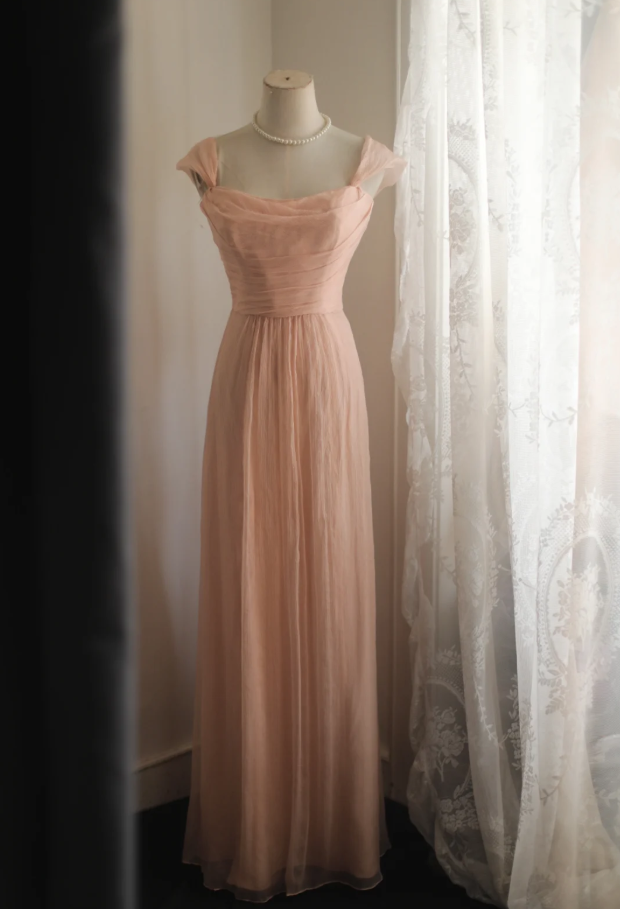 Classy Nude Pink Chiffon A Line Long Wedding Guest Dress Formal Birthday Party Dress