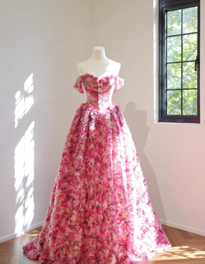 Pretty Hot Pink Off The Shoulder Tulle Pleated Flowers Long Birthday Party Dress Evening Gown