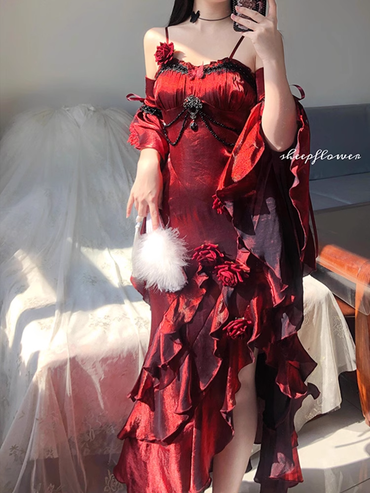 Vintage High Low Spaghetti Straps Floor Length Burgundy Flowers Prom Dresses Birthday Dress