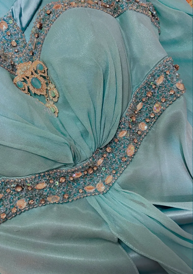 Retro Blue Satin Chiffon Beaded Mermaid Long Evening Dress Formal Wedding Guest Dress
