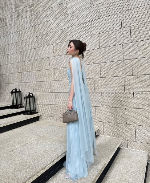 Light Sky Blue Long Prom Dress Evening Party Dresses With Scarf