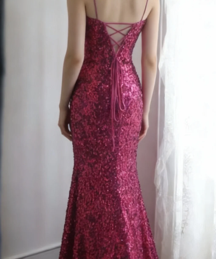 Sparkly Spaghetti Straps Hot Pink Sequin Mermaid Slit Evening Dress Long Wedding Guest Dress