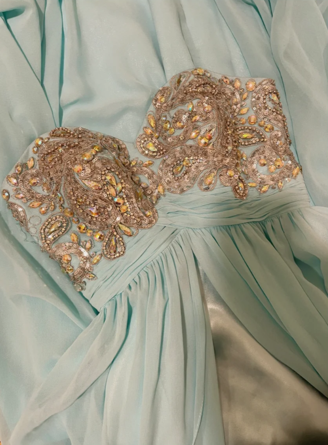 Pretty Strapless Blue Satin Chiffon Beaded Long Wedding Guest Dress Formal Birthday Party Dress