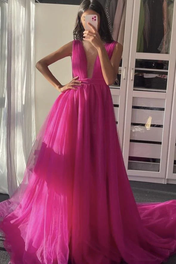 Sexy Deep V Neck Tulle Long Prom Dress A Line Party Evening Dress