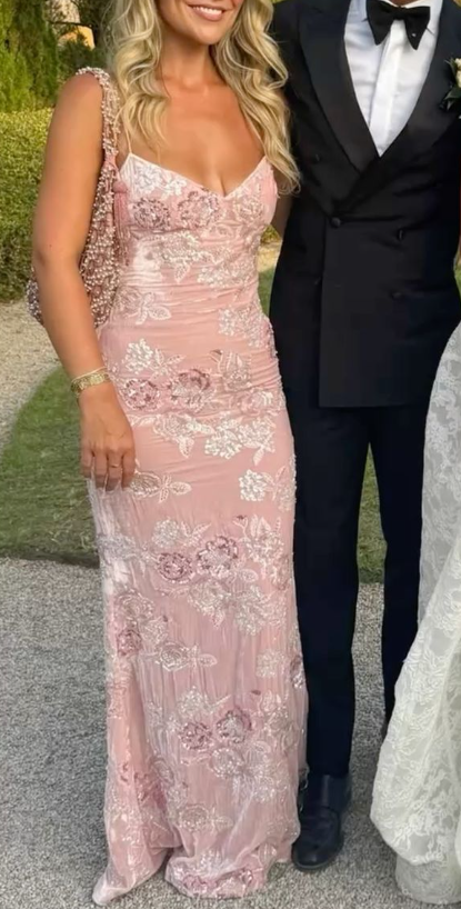 Pretty Spaghetti Straps Pink V Neck Mermaid Long Wedding Guest Dress Formal Evening Dress Prom Dress