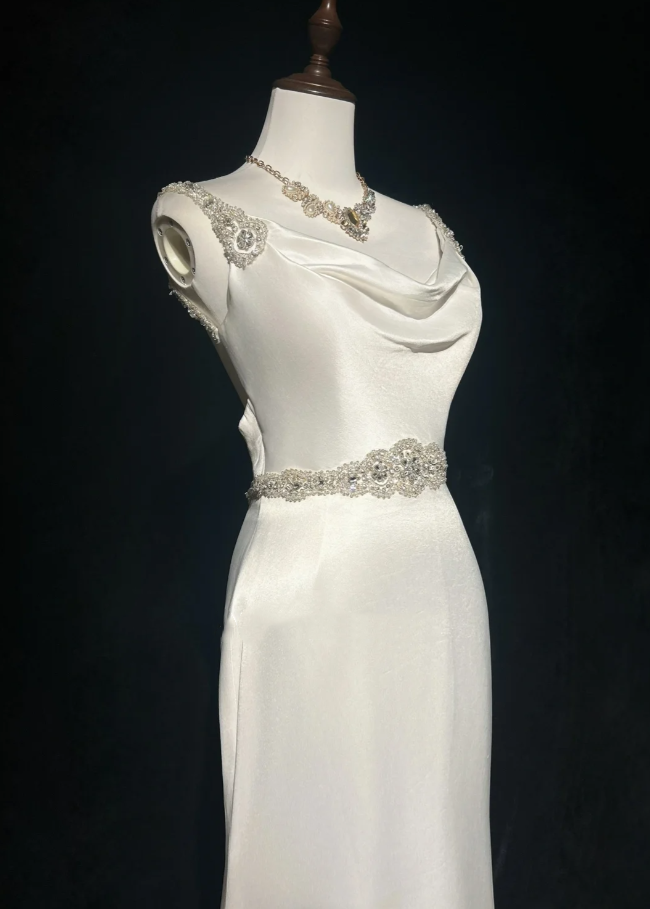 Pretty White Satin Beaded Mermaid Long Wedding Guest Dress Formal Party Dress Evening Gown