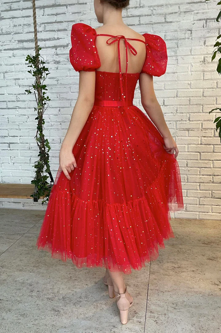 Red tulle short A line prom dress homecoming dress
