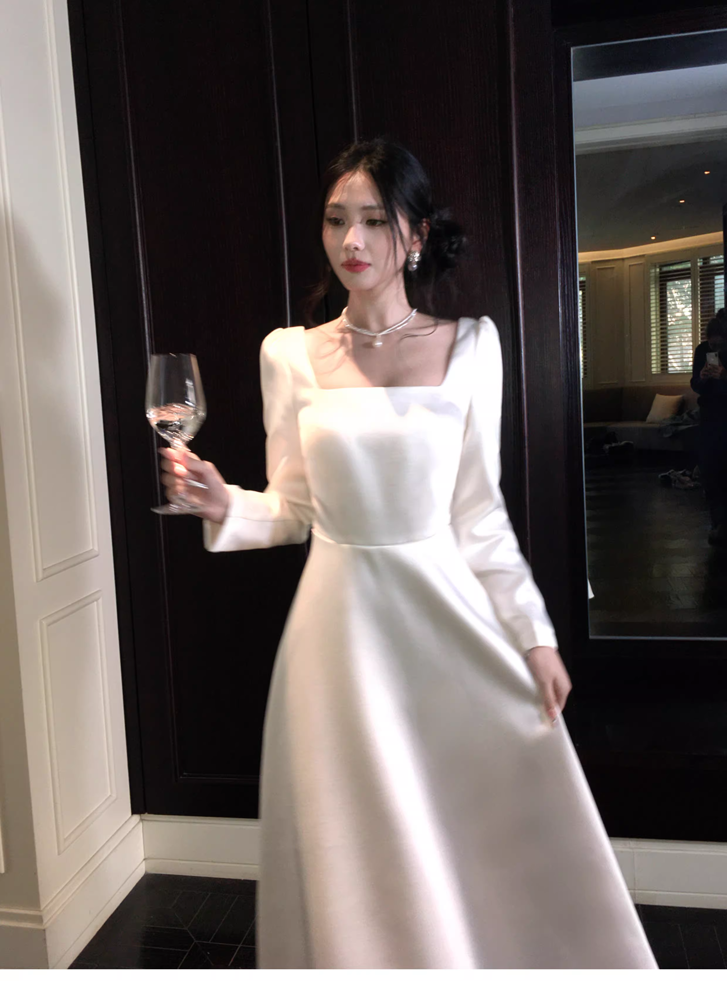Elegant Square White Satin A Line Long Party Dress Evening Dress