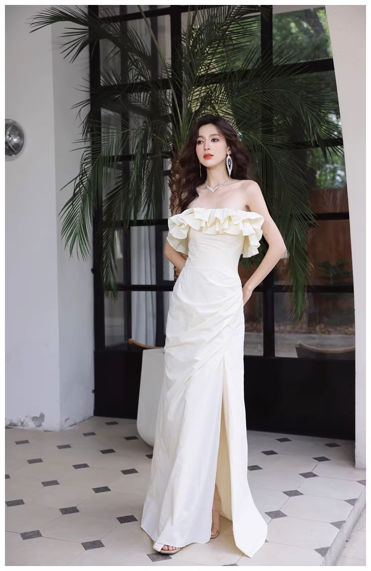 Elegant Beige Strapless Satin Pleated Mermaid Slit Long Evening Dress Birthday Party Dress With Bow