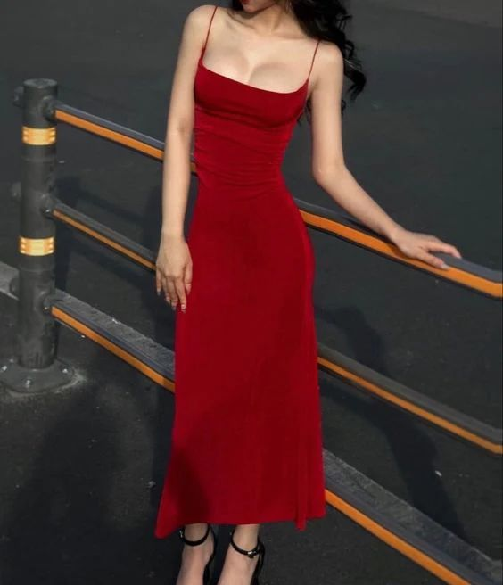 Charming Red Straps Sheath Satin Prom Dress Long Party Evening Gown