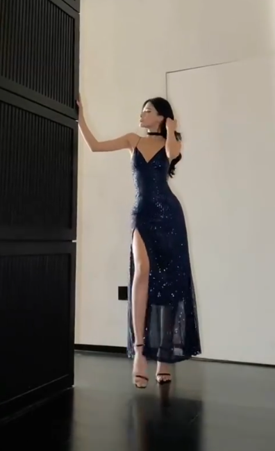 Sparkly Navy Blue Sequin Slit A Line Evening Dress Formal Long Prom Dress