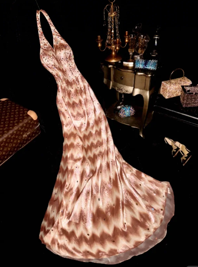 Chic Halter V Neck Chiffon Print Floral Sequin Beaded Mermaid Party Dress Birthday Prom Gown