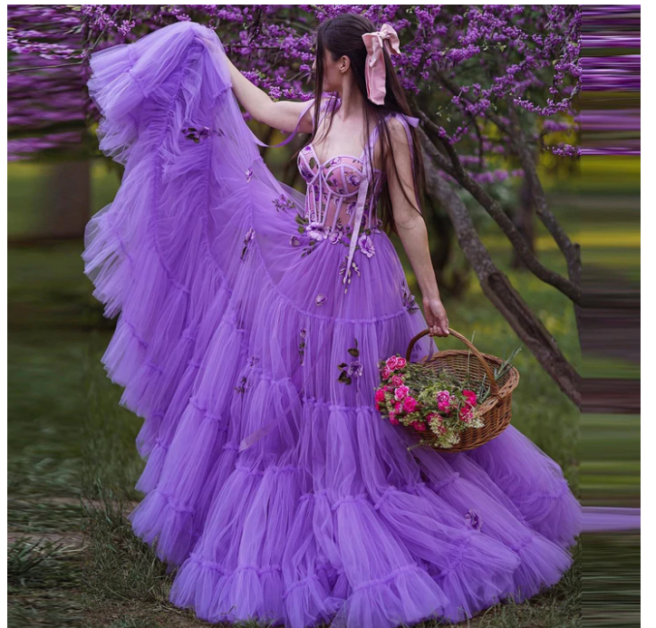 Purple A line Tulle Prom Dresses with Side Slit, Appliques Party Dress