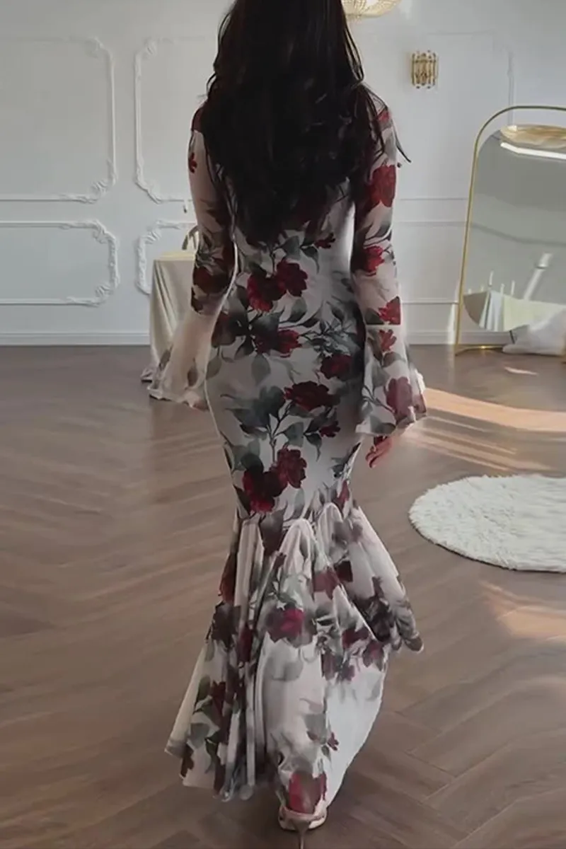 Vintage Mermaid Print Floarl Evening Dress Formal Prom Dress