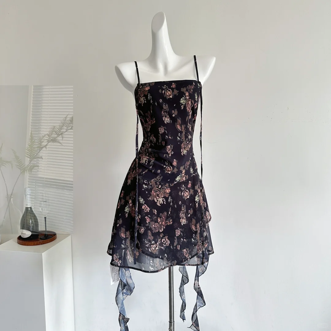 Vintage Spaghetti Straps Chiffon Print Floral Vacation Dress Women Dresses